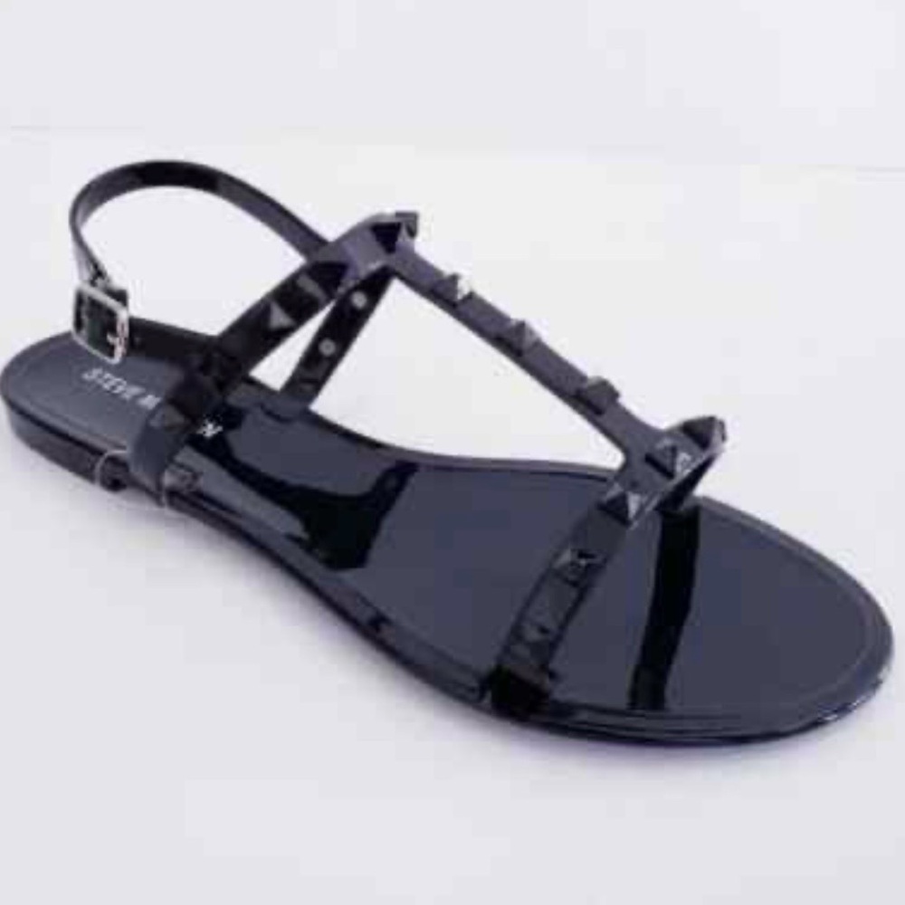 Steve Madden Black Patent Studded T-Strap Sandals